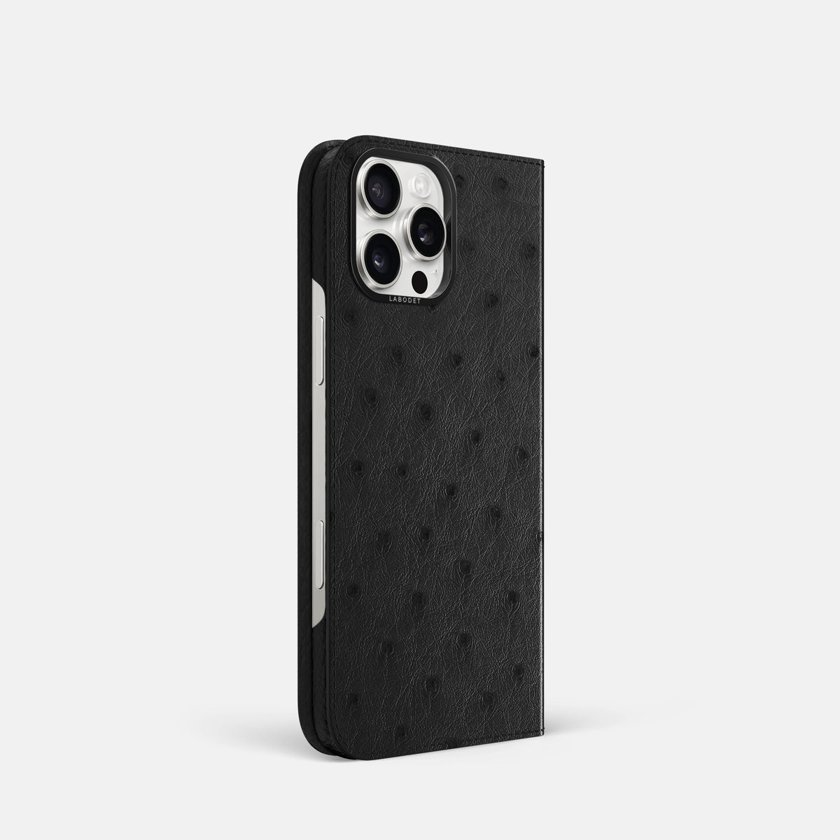 Black iPhone 16 Pro Folio Case Ostrich with Black Metal -1 | Black-Black