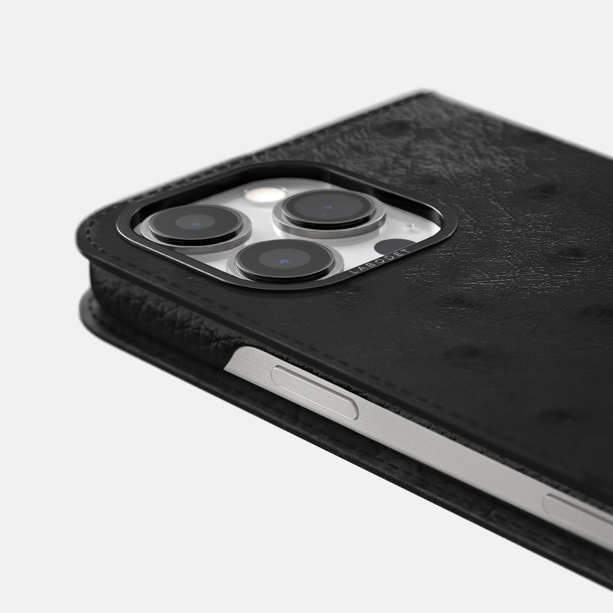 Black iPhone 16 Pro Folio Case Ostrich with Black Metal -5 | Black-Black