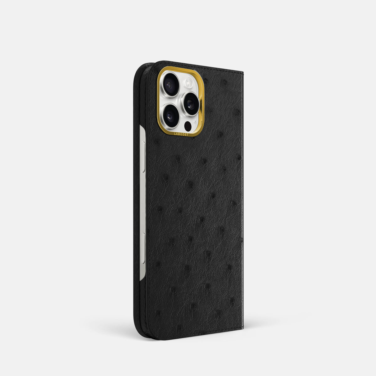 Black iPhone 16 Pro Folio Case Ostrich with Gold Metal -1 | Black-Gold