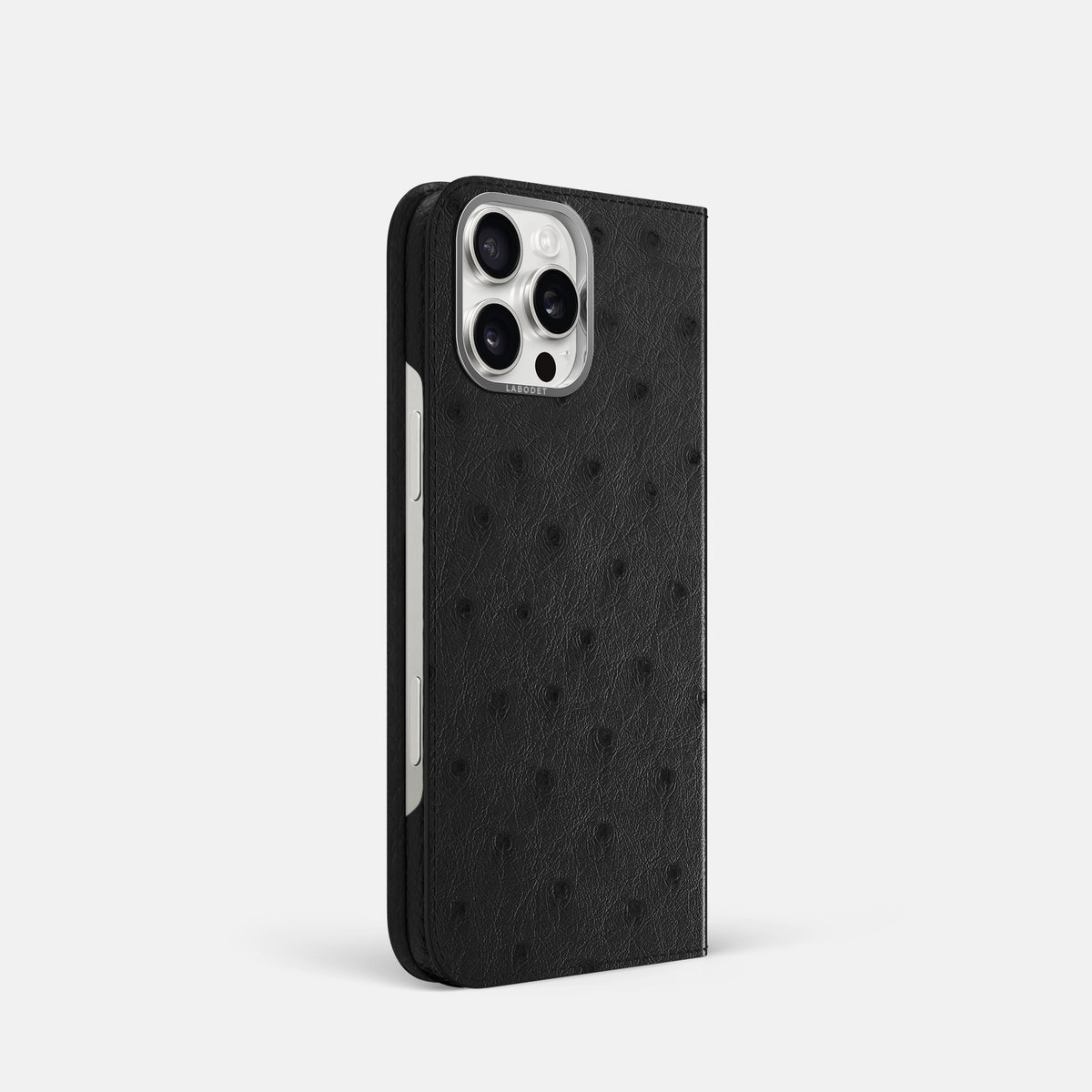 Black iPhone 16 Pro Folio Case Ostrich with Steel Metal -1 | Black-Steel