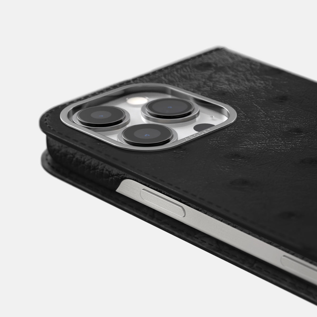 Black iPhone 16 Pro Folio Case Ostrich with Steel Metal -5 | Black-Steel