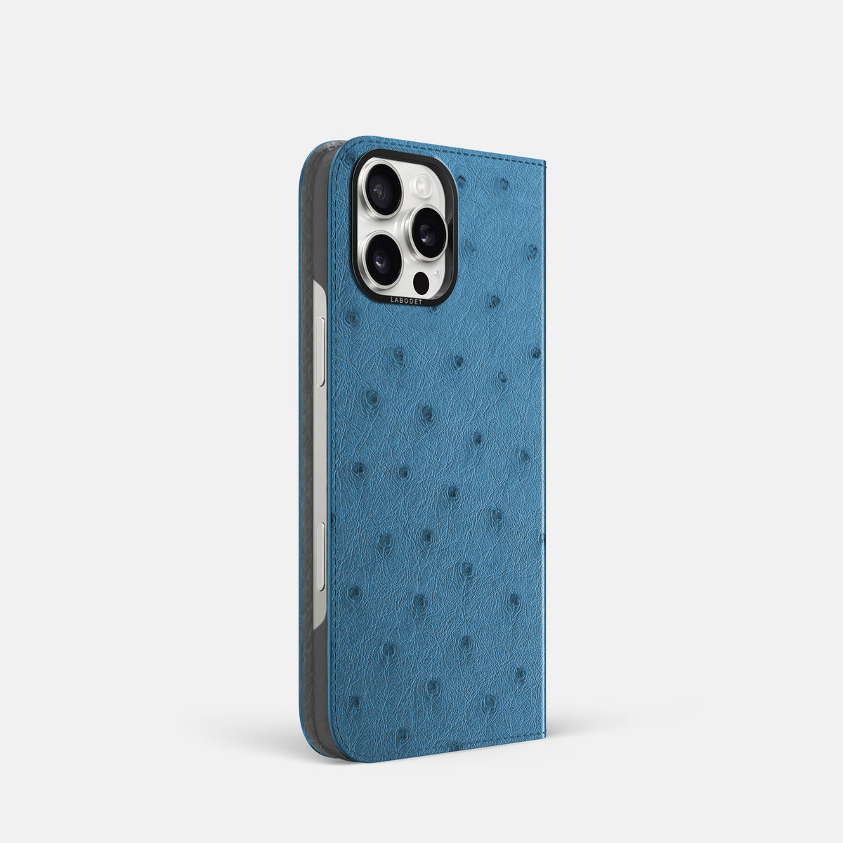 Blue-Jeans iPhone 16 Pro Folio Case Ostrich with Black Metal -1 | Blue-Jeans-Black