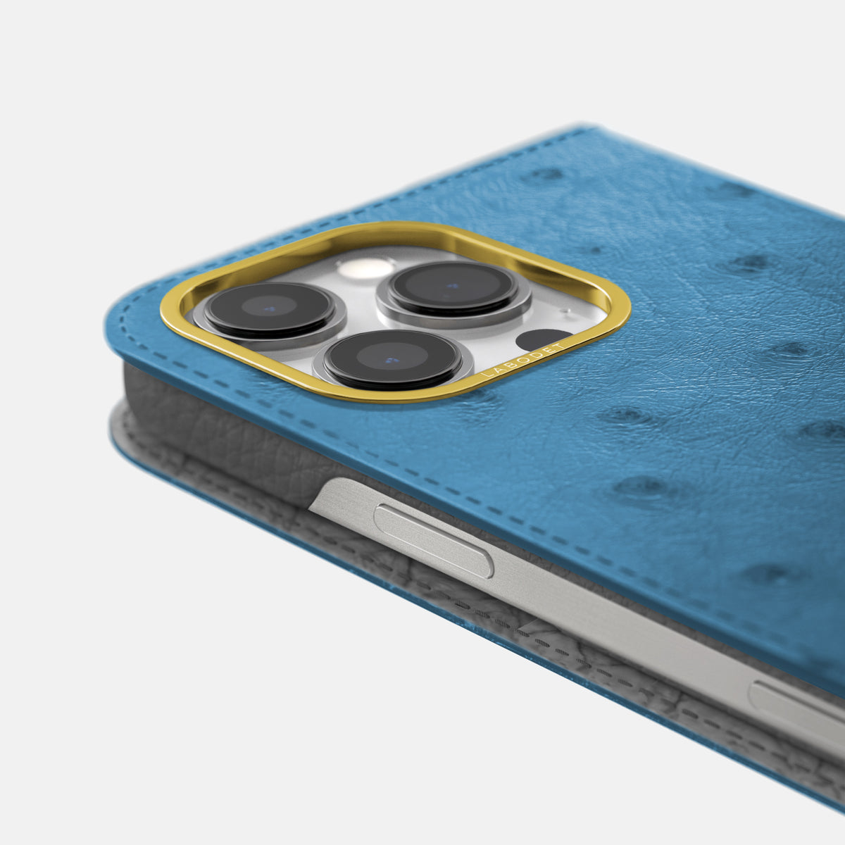 Blue-Jeans iPhone 16 Pro Folio Case Ostrich with Gold Metal -5 | Blue-Jeans-Gold