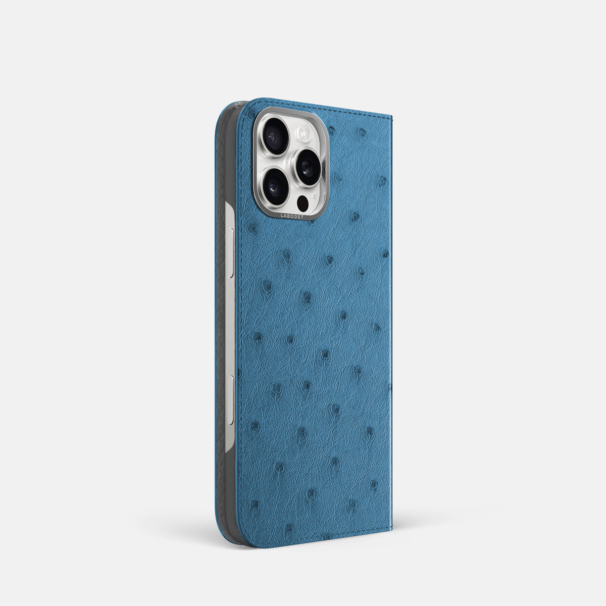 Blue-Jeans iPhone 16 Pro Folio Case Ostrich with Steel Metal -1 | Blue-Jeans-Steel