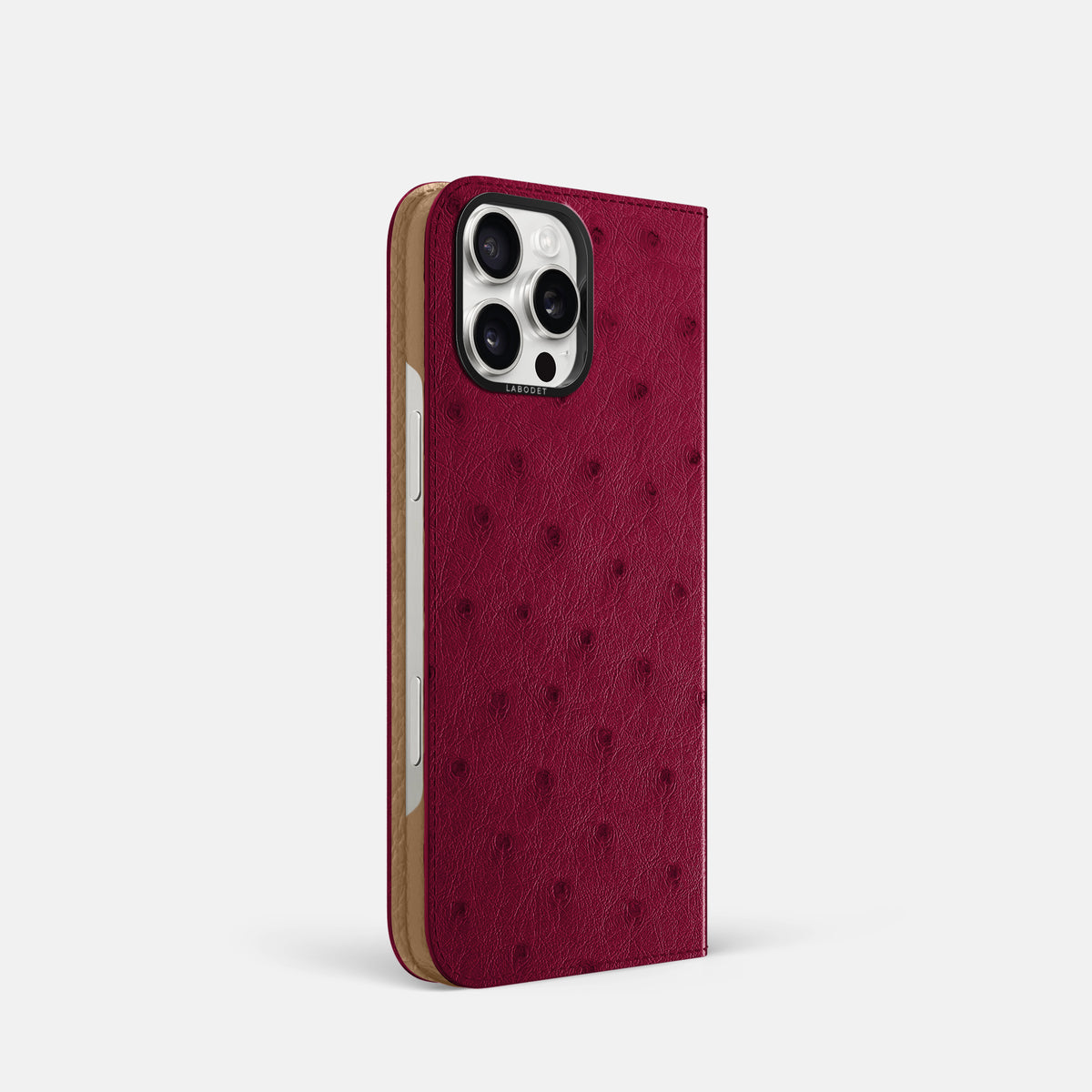 Bordeaux iPhone 16 Pro Folio Case Ostrich with Black Metal -1 | Bordeaux-Black