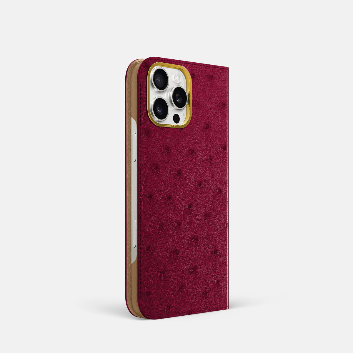 Bordeaux iPhone 16 Pro Folio Case Ostrich with Gold Metal -1 | Bordeaux-Gold