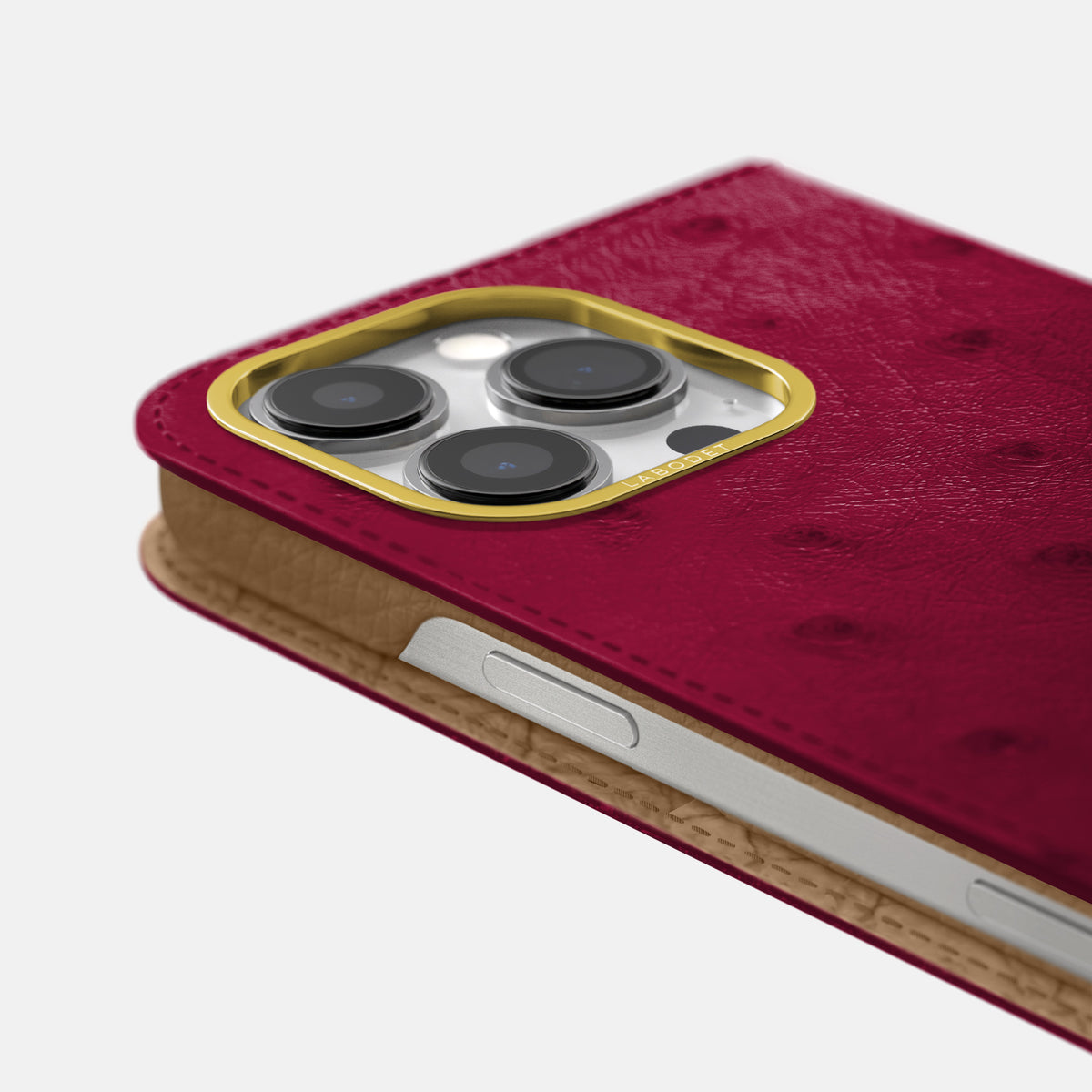 Bordeaux iPhone 16 Pro Folio Case Ostrich with Gold Metal -5 | Bordeaux-Gold
