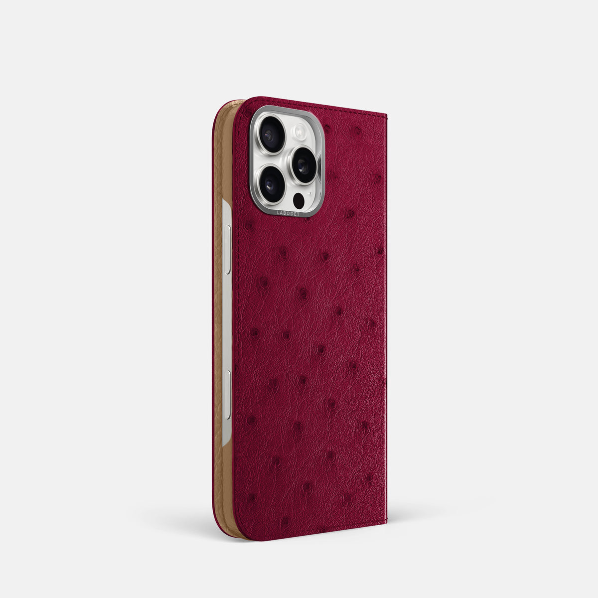 Bordeaux iPhone 16 Pro Folio Case Ostrich with Steel Metal -1 | Bordeaux-Steel