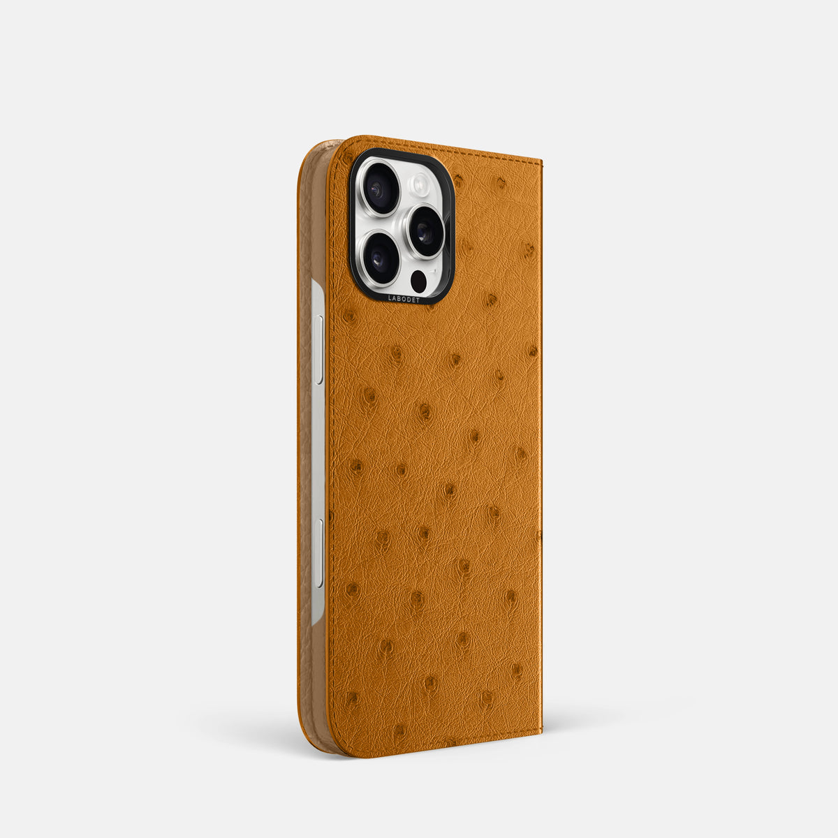 Chestnut iPhone 16 Pro Folio Case Ostrich with Black Metal -1 | Chestnut-Black
