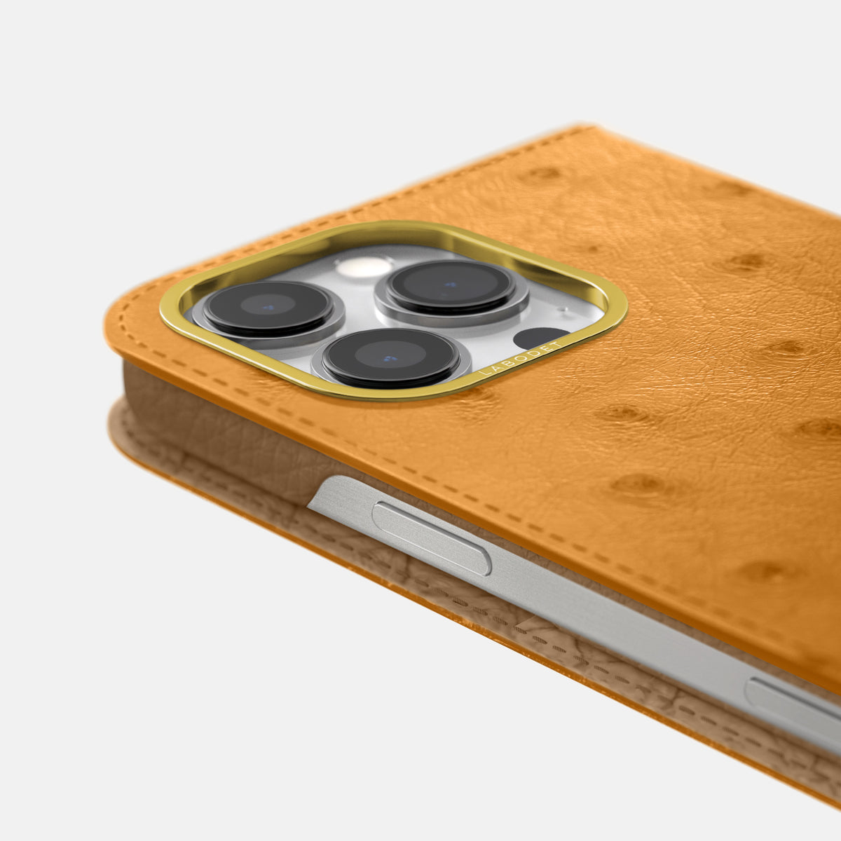 Chestnut iPhone 16 Pro Folio Case Ostrich with Gold Metal -5 | Chestnut-Gold