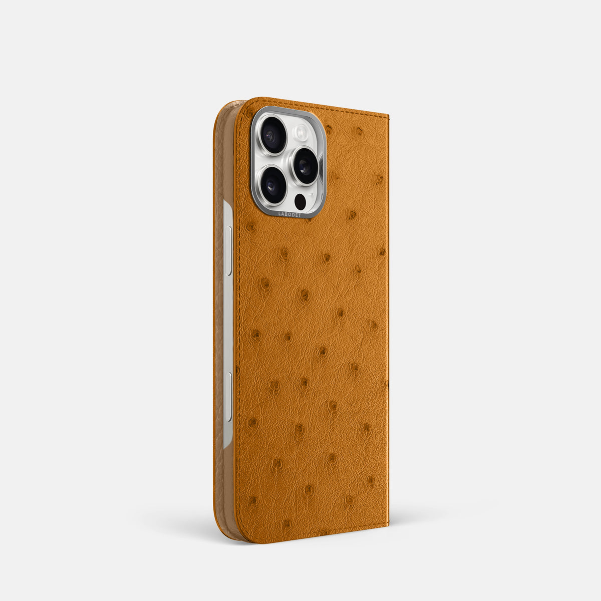 Chestnut iPhone 16 Pro Folio Case Ostrich with Steel Metal -1 | Chestnut-Steel