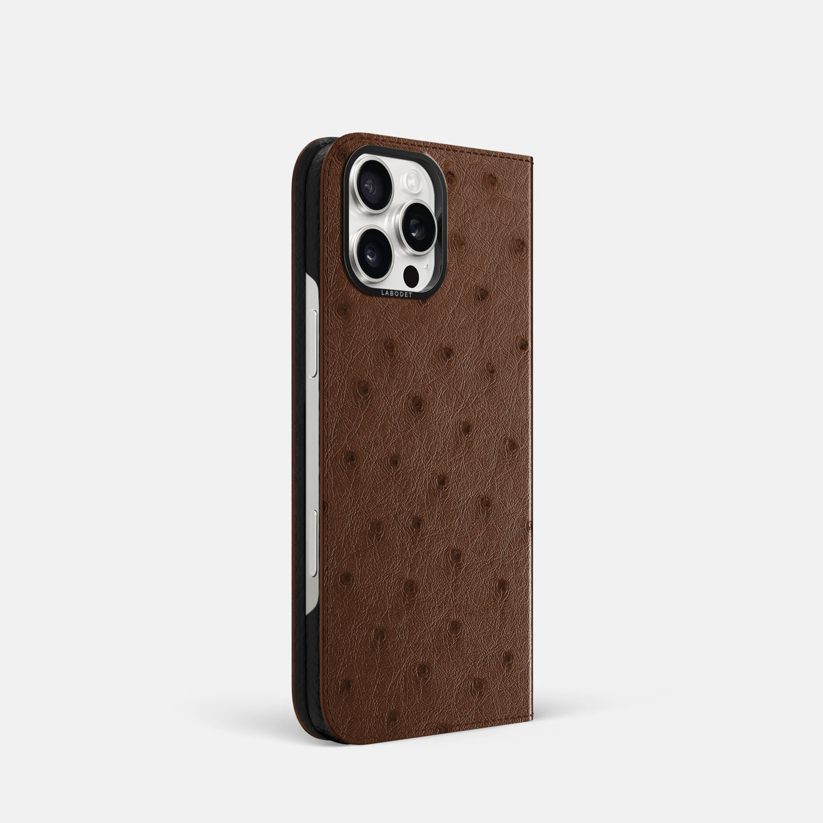 Chocolate iPhone 16 Pro Folio Case Ostrich with Black Metal -1 | Chocolate-Black