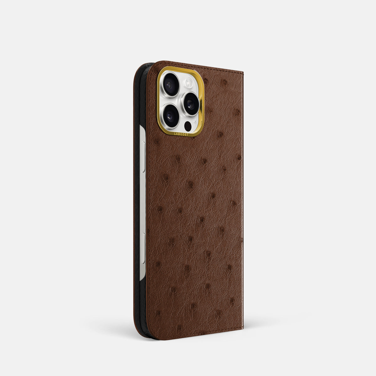 Chocolate iPhone 16 Pro Folio Case Ostrich with Gold Metal -1 | Chocolate-Gold
