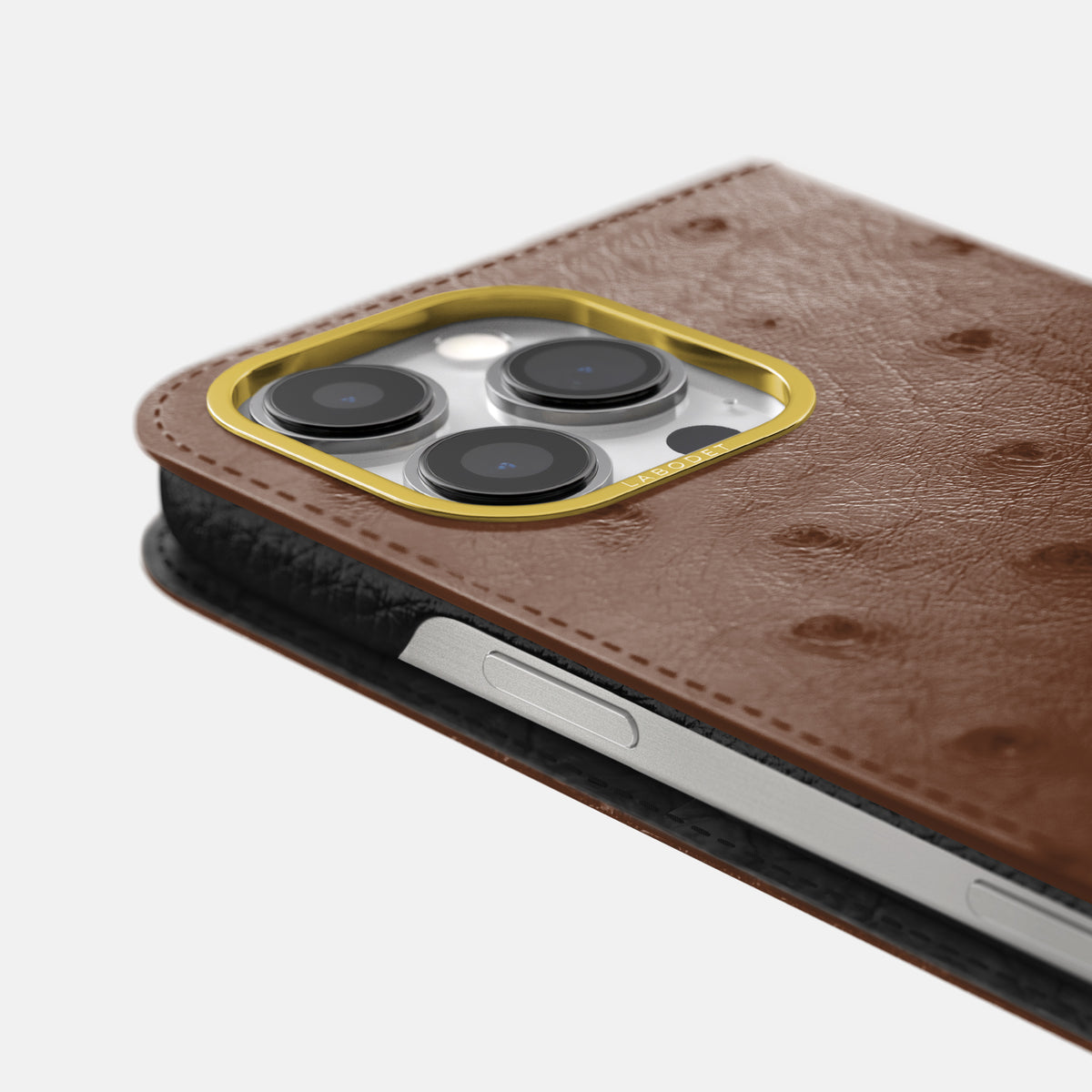 Chocolate iPhone 16 Pro Folio Case Ostrich with Gold Metal -5 | Chocolate-Gold