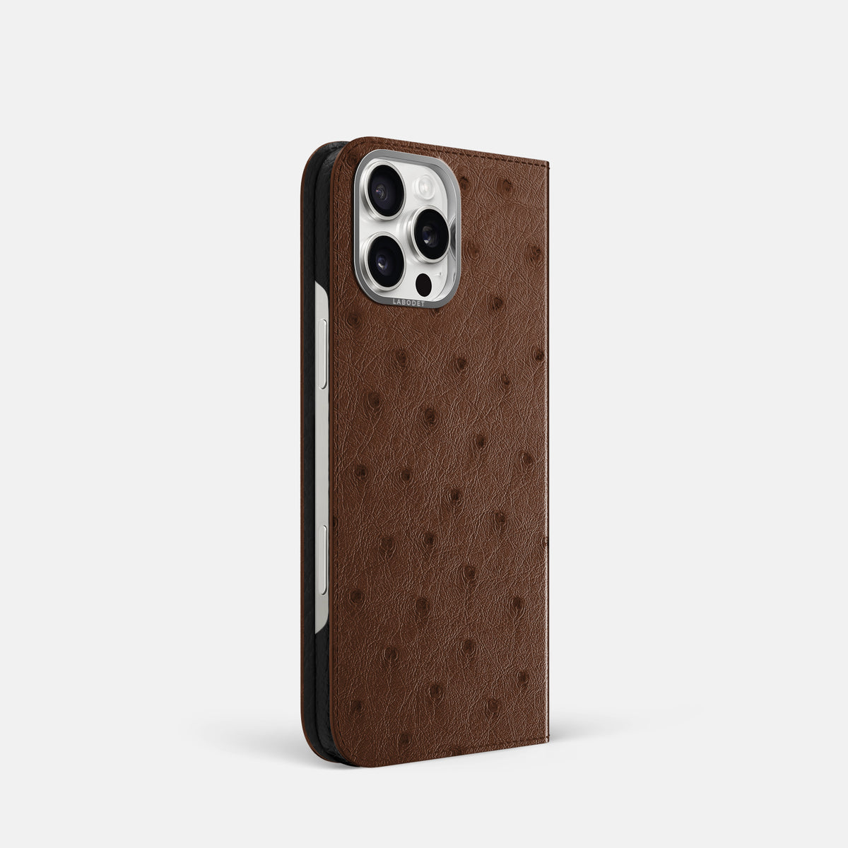 Chocolate iPhone 16 Pro Folio Case Ostrich with Steel Metal -1 | Chocolate-Steel