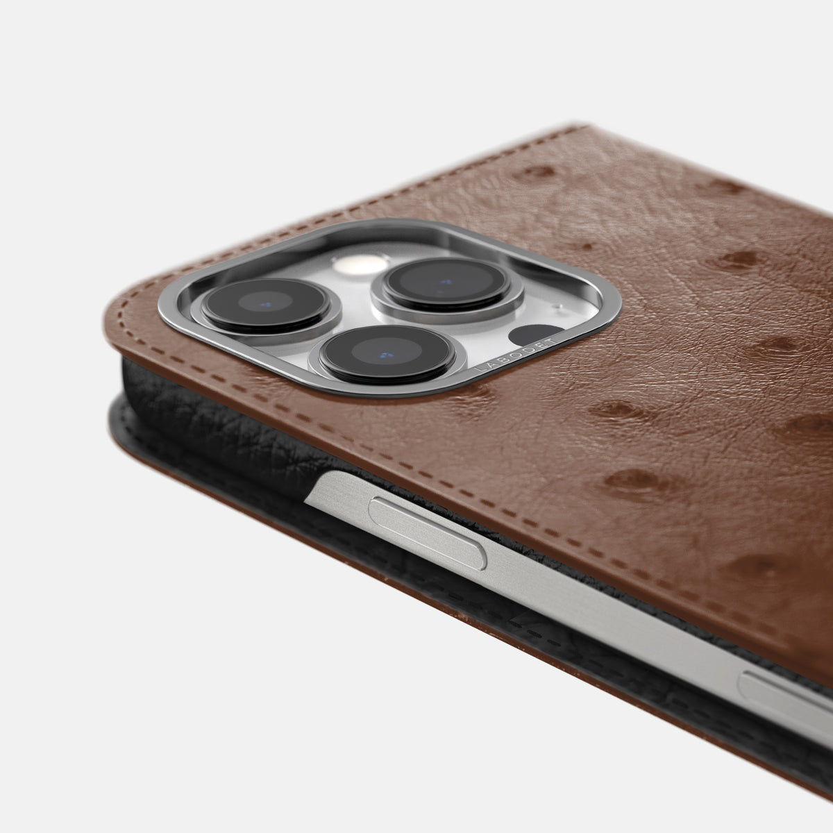 Chocolate iPhone 16 Pro Folio Case Ostrich with Steel Metal -5 | Chocolate-Steel