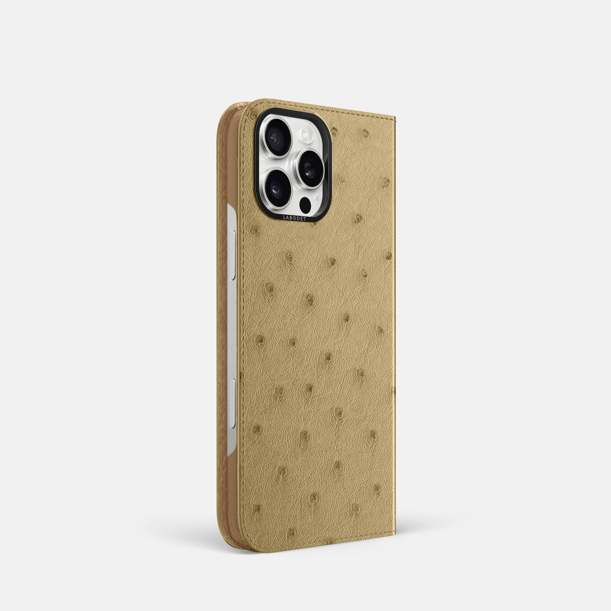 Desert-Sand iPhone 16 Pro Folio Case Ostrich with Black Metal -1 | Desert-Sand-Black