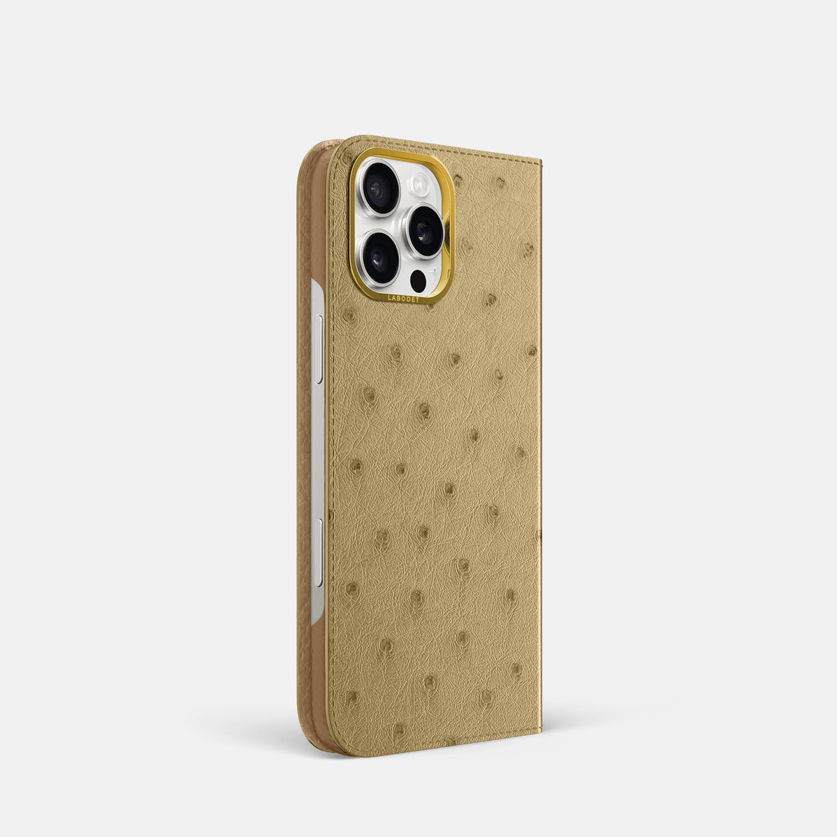 Desert-Sand iPhone 16 Pro Folio Case Ostrich with Gold Metal -1 | Desert-Sand-Gold