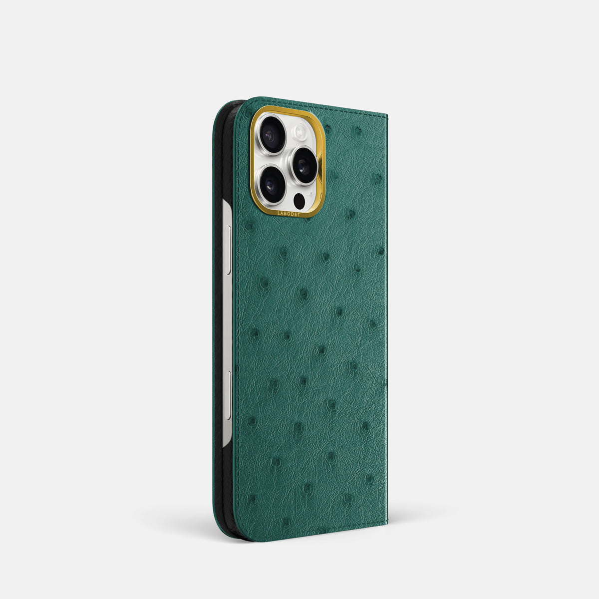 Forest-Green iPhone 16 Pro Folio Case Ostrich with Gold Metal -1 | Forest-Green-Gold