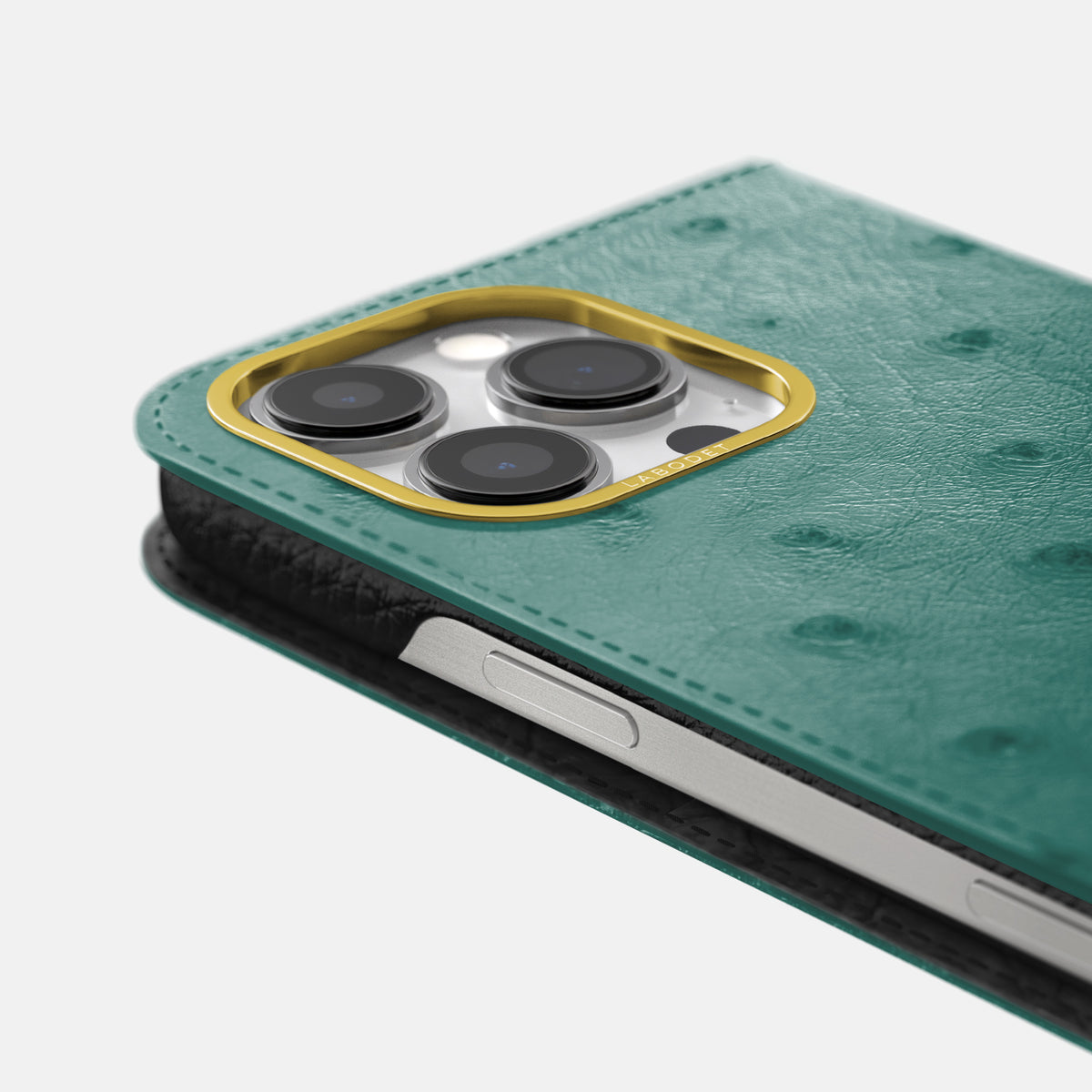 Forest-Green iPhone 16 Pro Folio Case Ostrich with Gold Metal -5 | Forest-Green-Gold