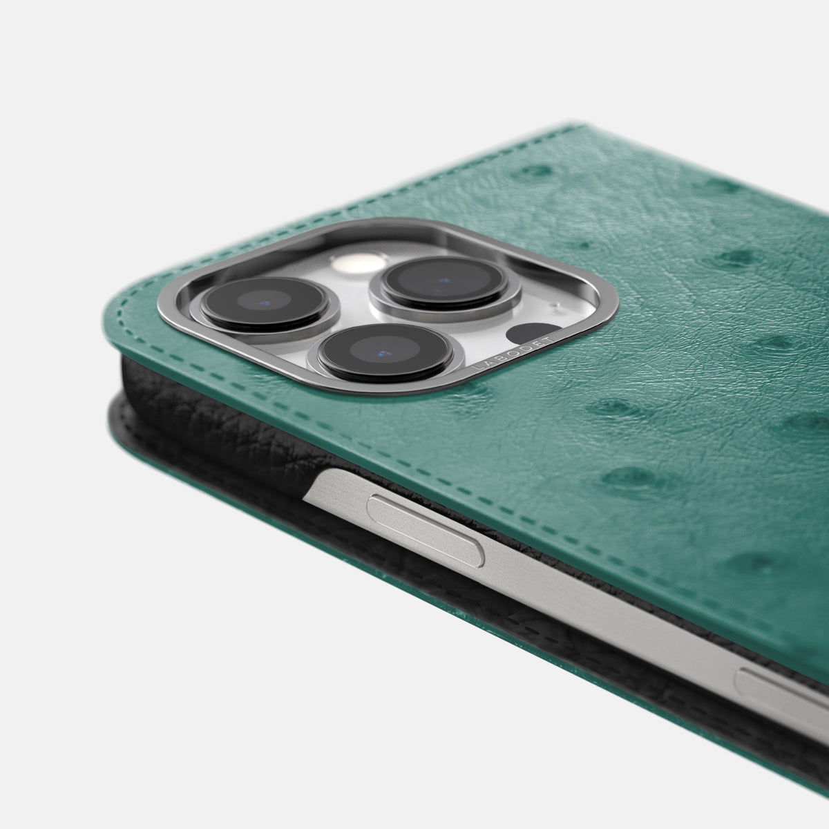 Forest-Green iPhone 16 Pro Folio Case Ostrich with Steel Metal -5 | Forest-Green-Steel