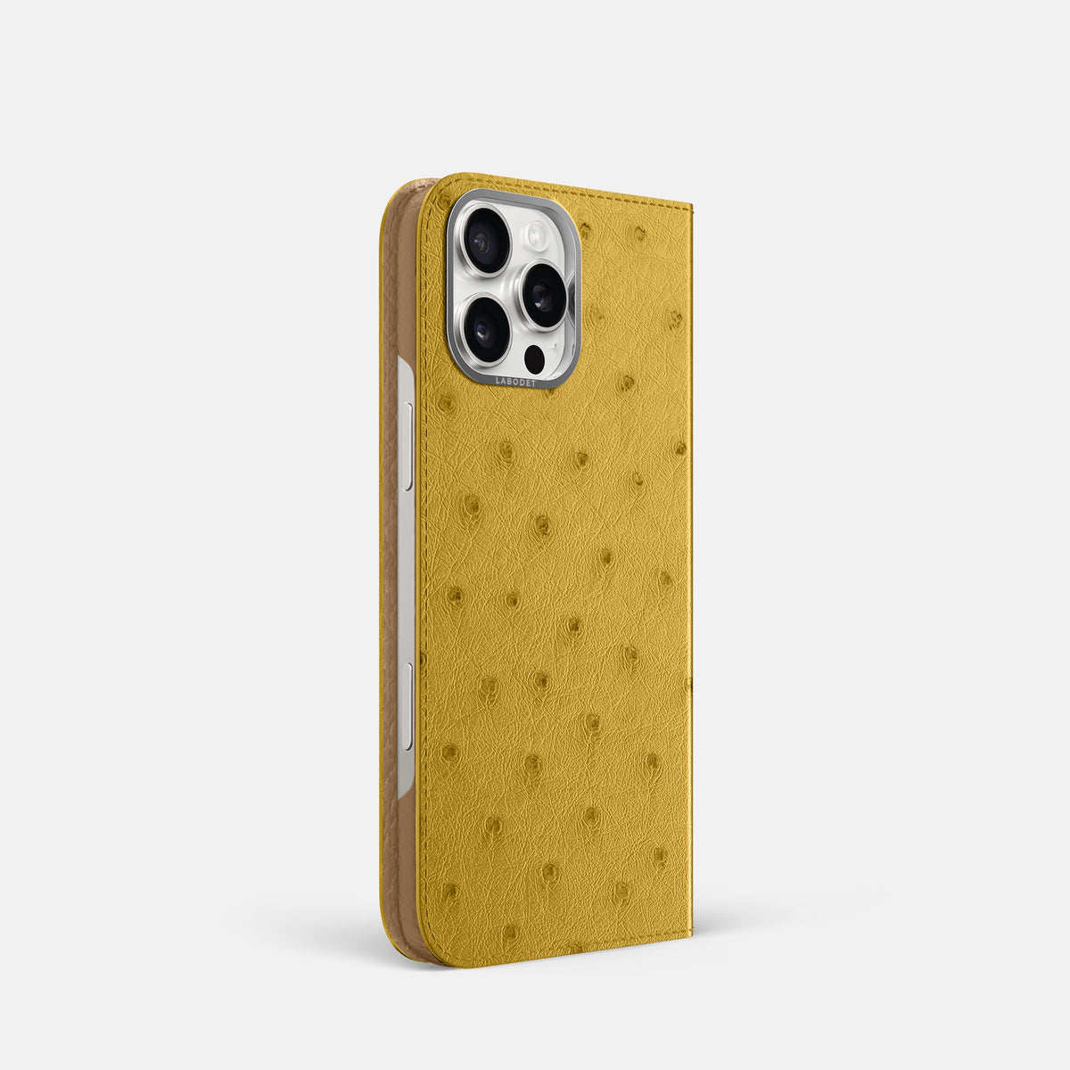 Gold iPhone 16 Pro Folio Case Ostrich with Steel Metal -1 | Gold-Steel
