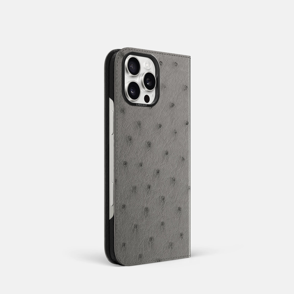 Grey iPhone 16 Pro Folio Case Ostrich with Black Metal -1 | Grey-Black