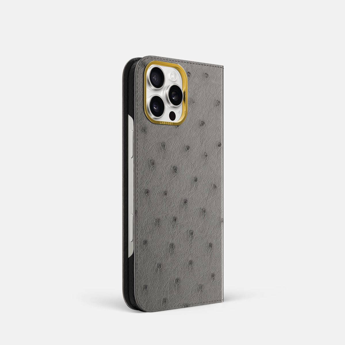 Grey iPhone 16 Pro Folio Case Ostrich with Gold Metal -1 | Grey-Gold