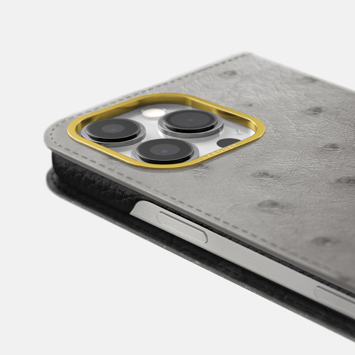 Grey iPhone 16 Pro Folio Case Ostrich with Gold Metal -5 | Grey-Gold