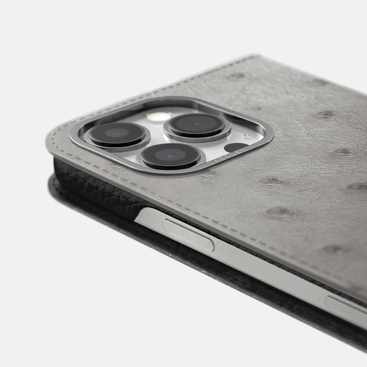 Grey iPhone 16 Pro Folio Case Ostrich with Steel Metal -5 | Grey-Steel