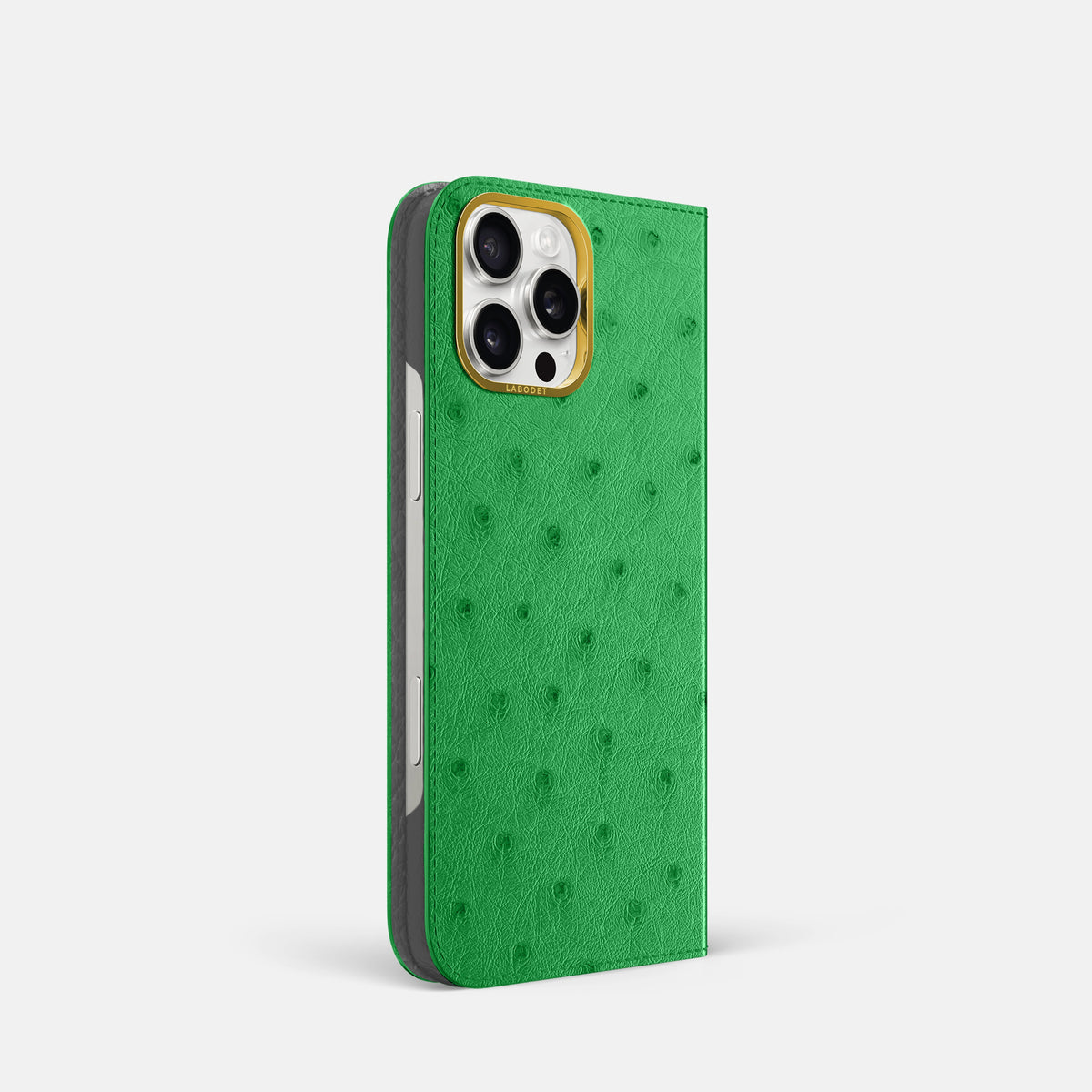 Kentucky Green iPhone 16 Pro Folio Case Ostrich with Gold Metal -1 | Kentucky-Green-Gold