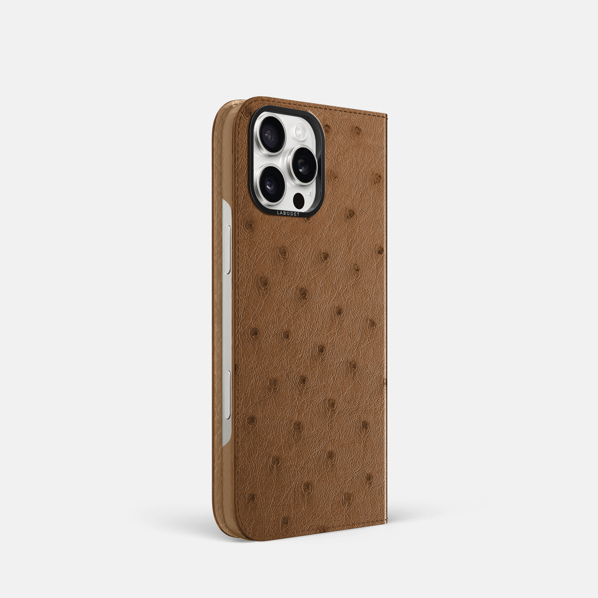 Medium-Brown iPhone 16 Pro Folio Case Ostrich with Black Metal -1 | Medium-Brown-Black
