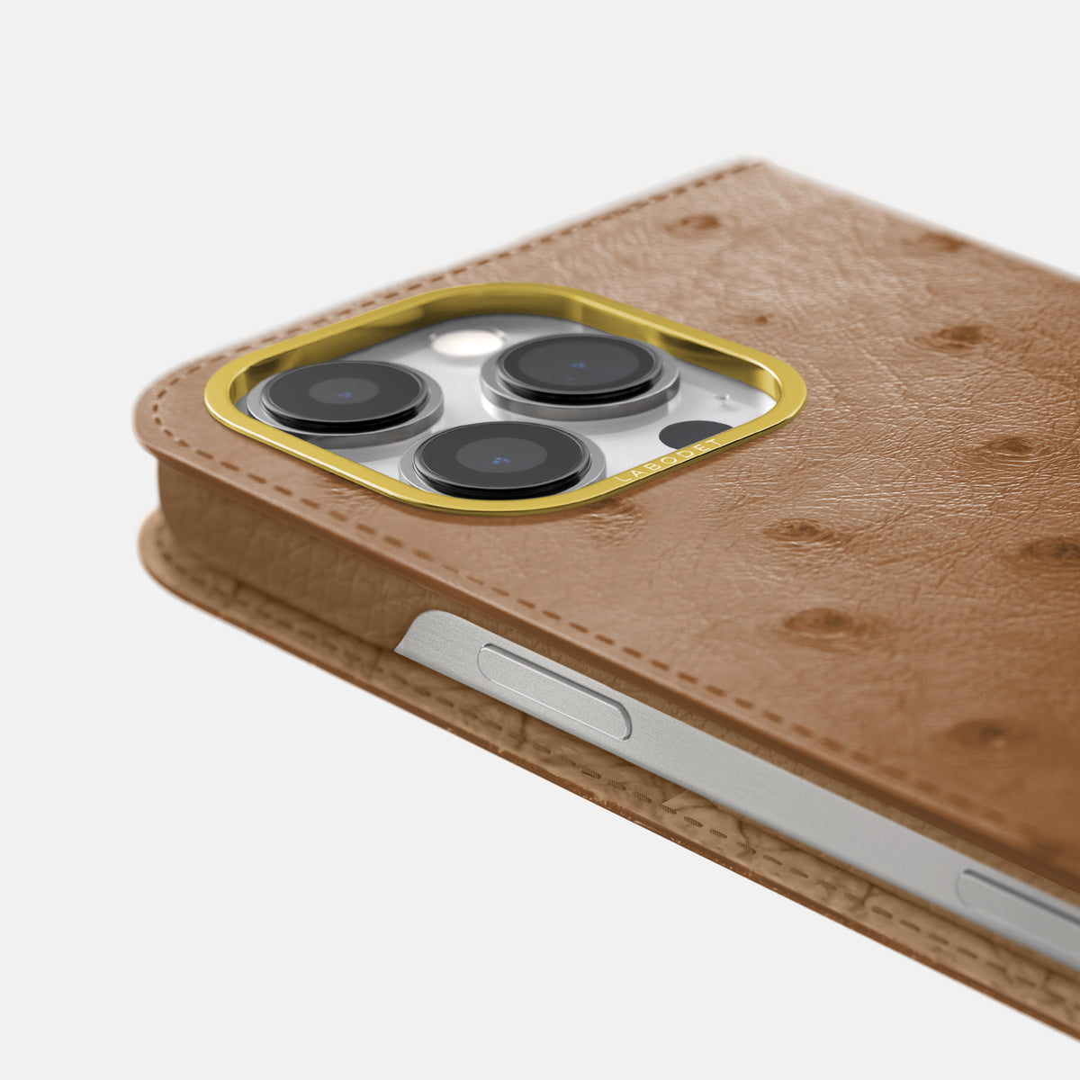 Medium-Brown iPhone 16 Pro Folio Case Ostrich with Gold Metal -5 | Medium-Brown-Gold