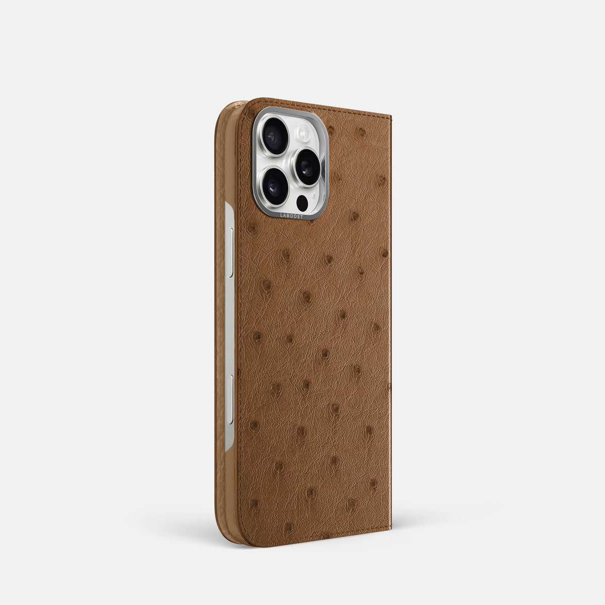 Medium-Brown iPhone 16 Pro Folio Case Ostrich with Steel Metal -1 | Medium-Brown-Steel