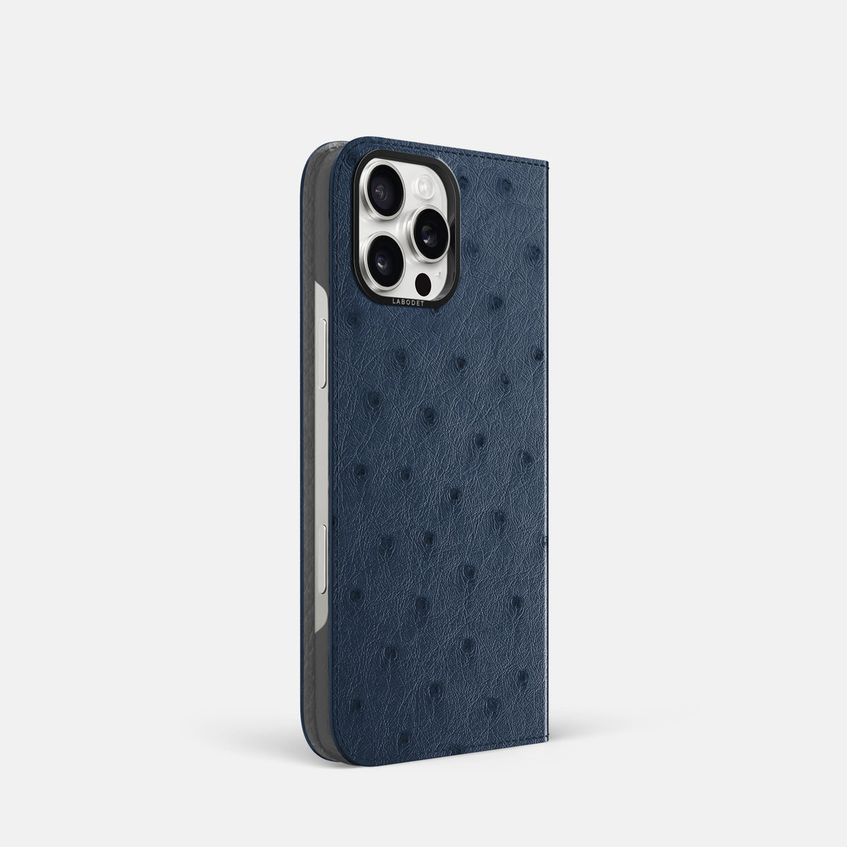 Navy-Blue iPhone 16 Pro Folio Case Ostrich with Black Metal -1 | Navy-Blue-Black