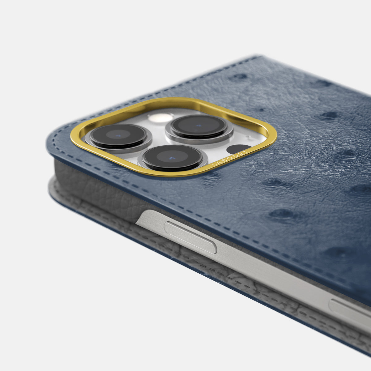 Navy-Blue iPhone 16 Pro Folio Case Ostrich with Gold Metal -5 | Navy-Blue-Gold