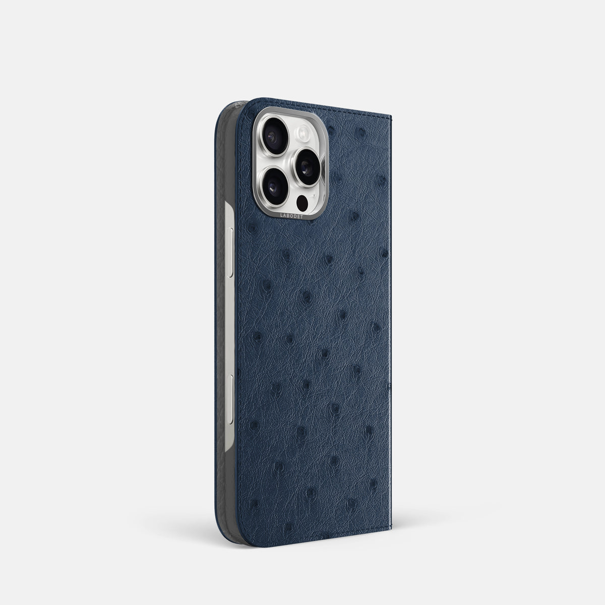 Navy-Blue iPhone 16 Pro Folio Case Ostrich with Steel Metal -1 | Navy-Blue-Steel
