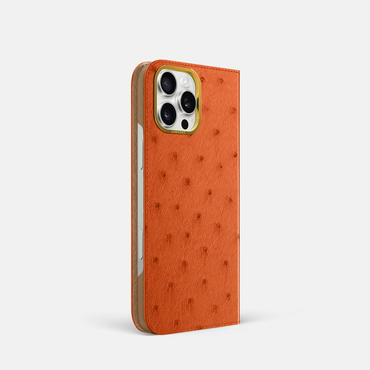 Orange iPhone 16 Pro Folio Case Ostrich with Gold Metal -1 | Orange-Gold