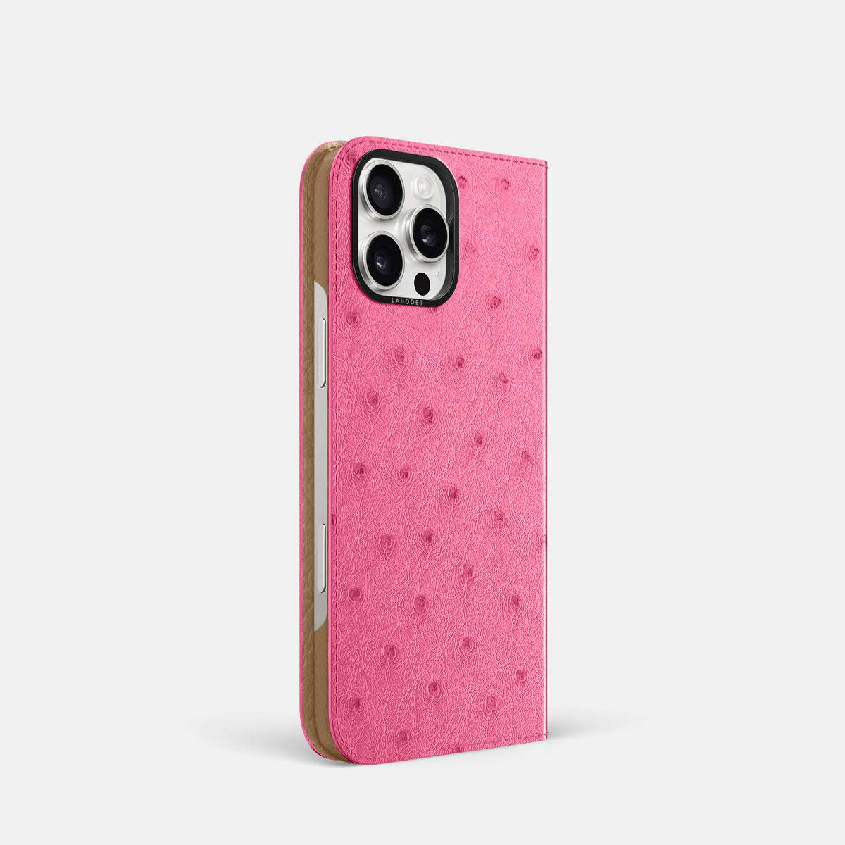 Pink iPhone 16 Pro Folio Case Ostrich with Black Metal -1 | Pink-Black