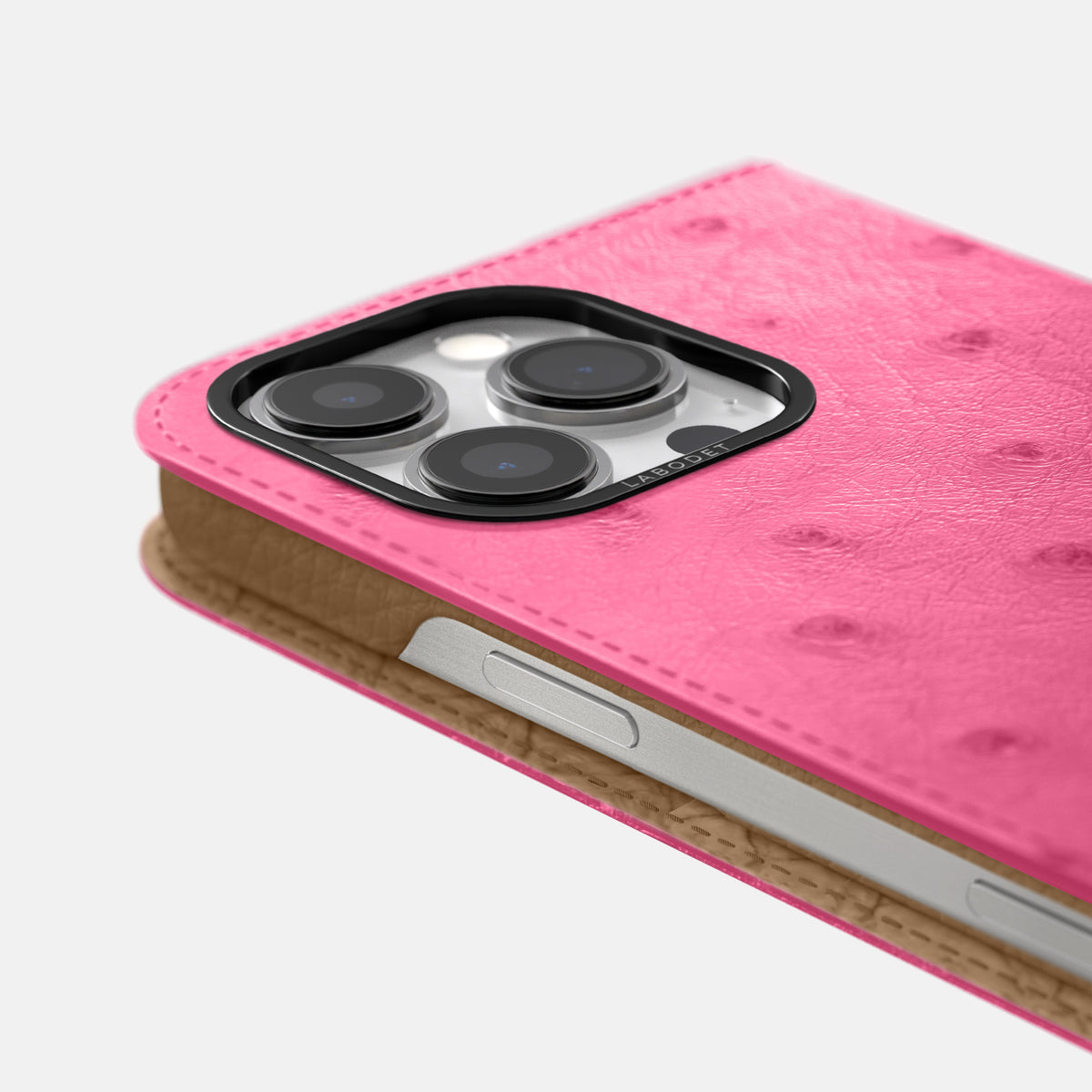 Pink iPhone 16 Pro Folio Case Ostrich with Black Metal -5 | Pink-Black