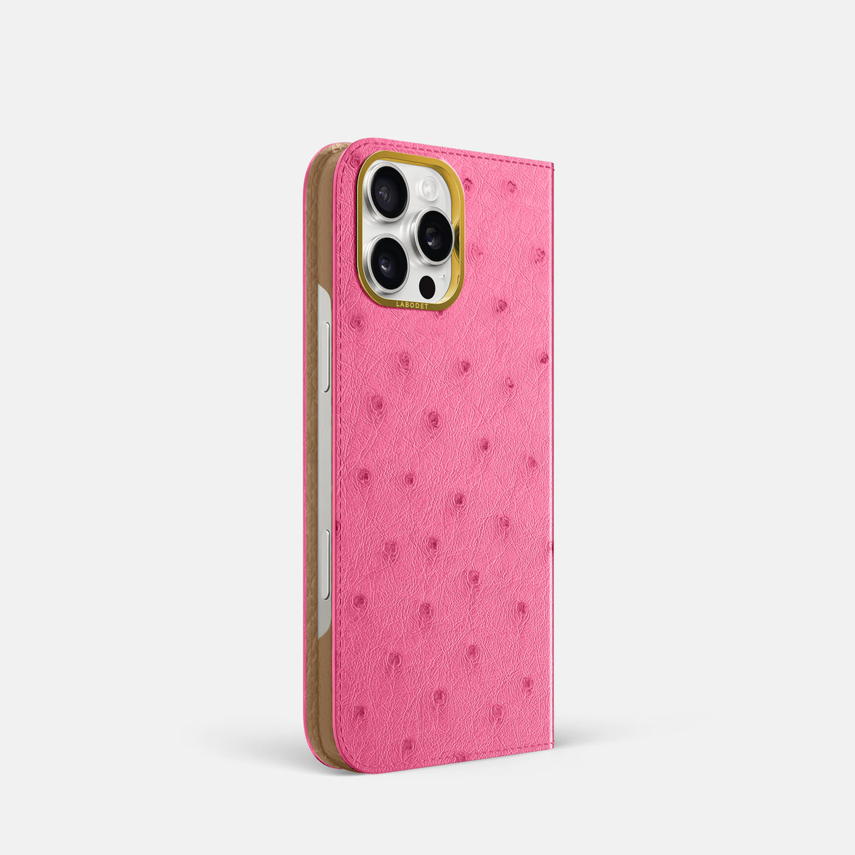 Pink iPhone 16 Pro Folio Case Ostrich with Gold Metal -1 | Pink-Gold