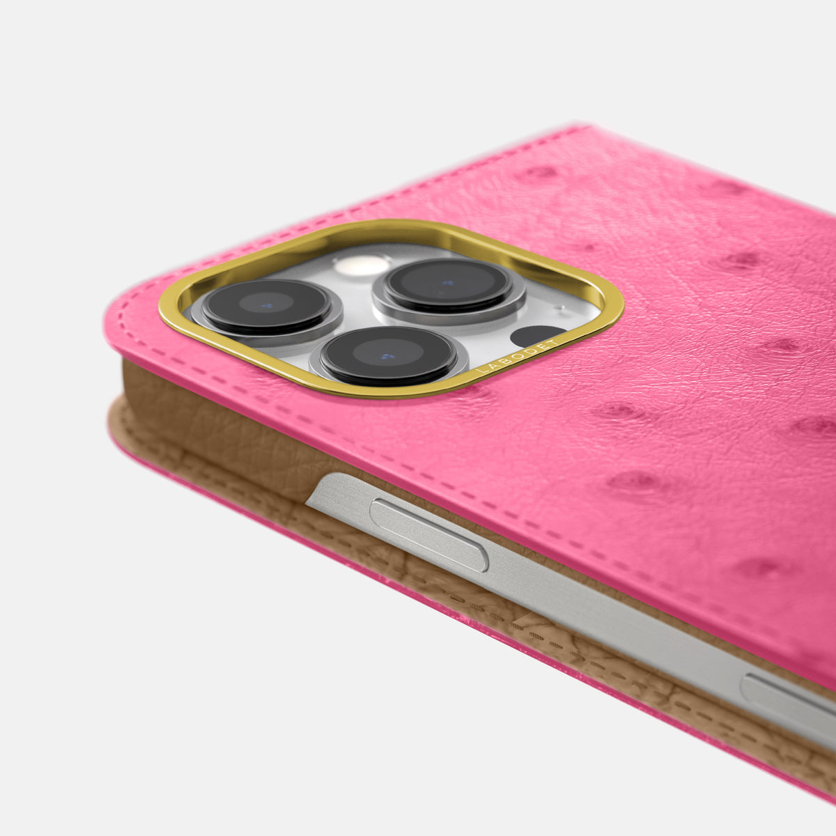 Pink iPhone 16 Pro Folio Case Ostrich with Gold Metal -5 | Pink-Gold
