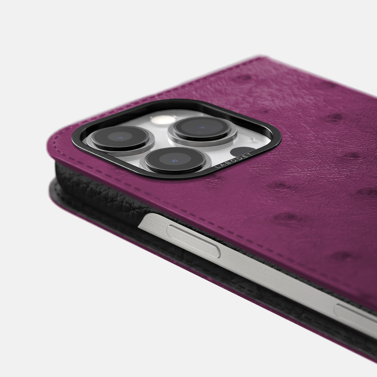 Purple iPhone 16 Pro Folio Case Ostrich with Black Metal -5 | Purple-Black