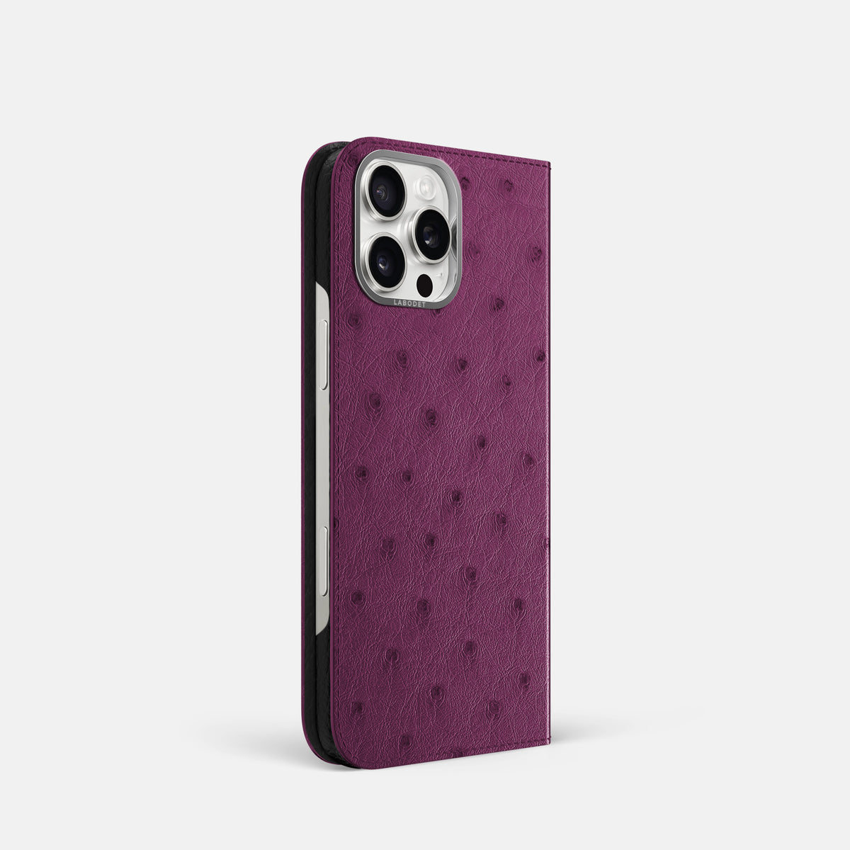 Purple iPhone 16 Pro Folio Case Ostrich with Steel Metal -1 | Purple-Steel
