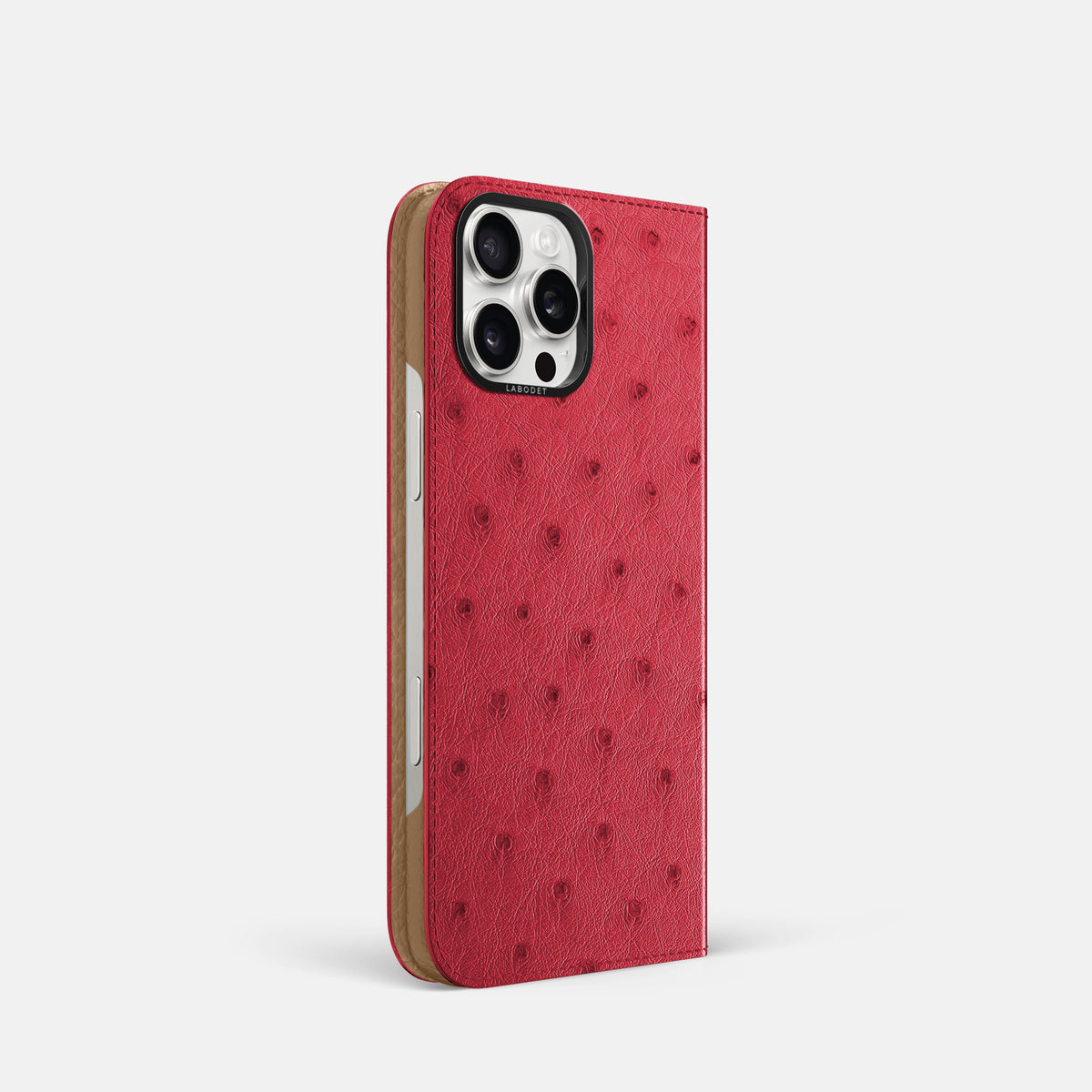 Red iPhone 16 Pro Folio Case Ostrich with Black Metal -1 | Red-Black