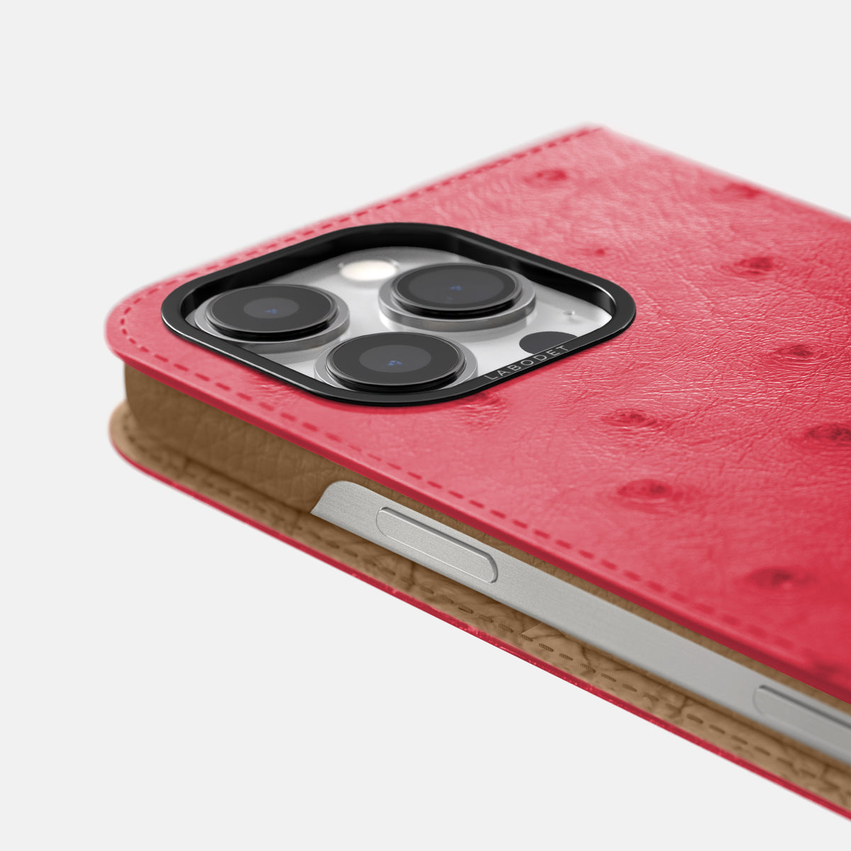Red iPhone 16 Pro Folio Case Ostrich with Black Metal -5 | Red-Black