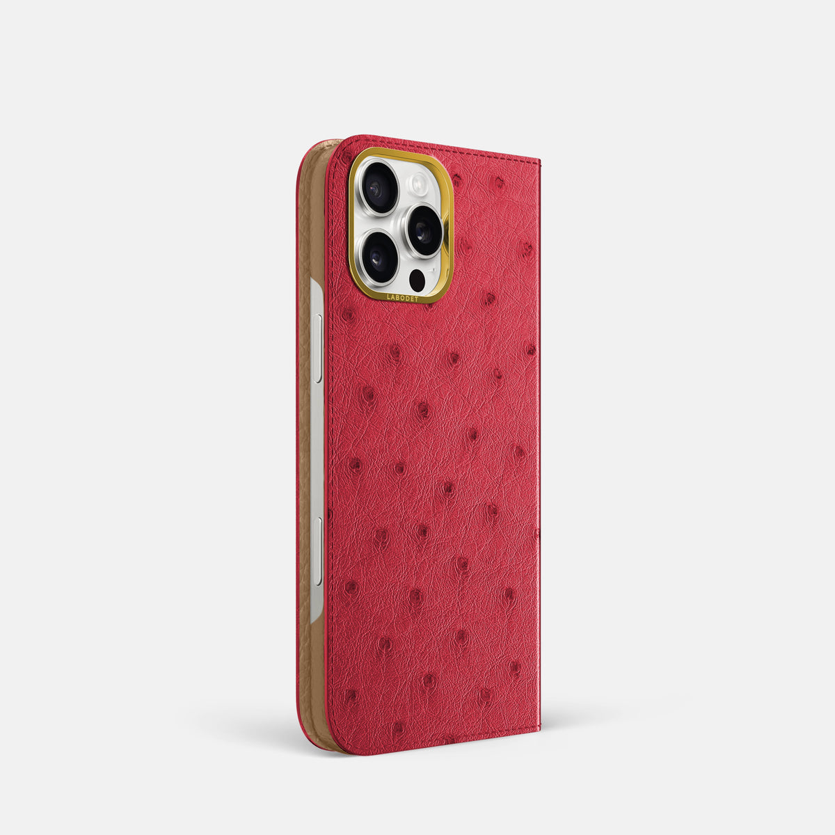 Red iPhone 16 Pro Folio Case Ostrich with Gold Metal -1 | Red-Gold