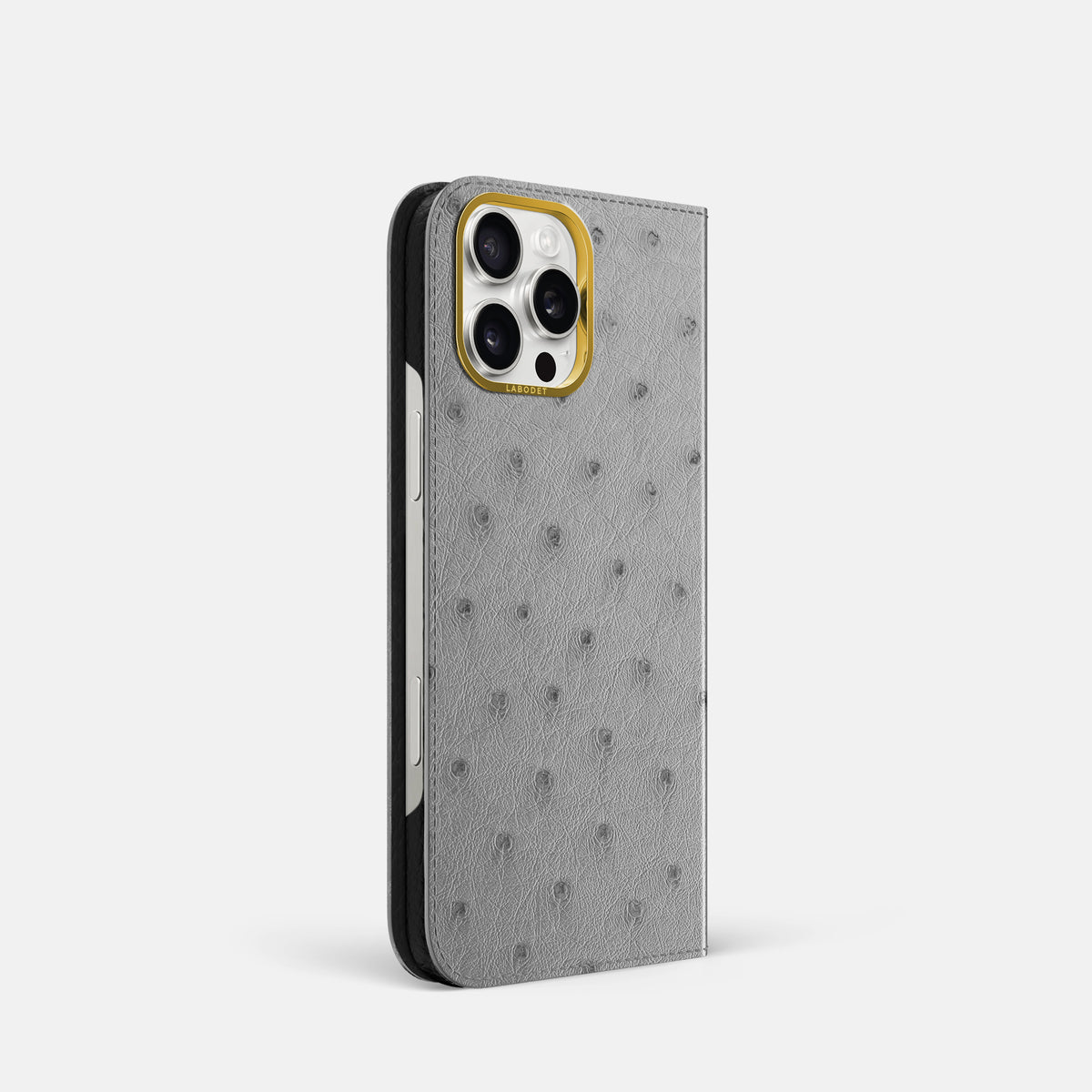 Silver iPhone 16 Pro Folio Case Ostrich with Gold Metal -1 | Silver-Gold