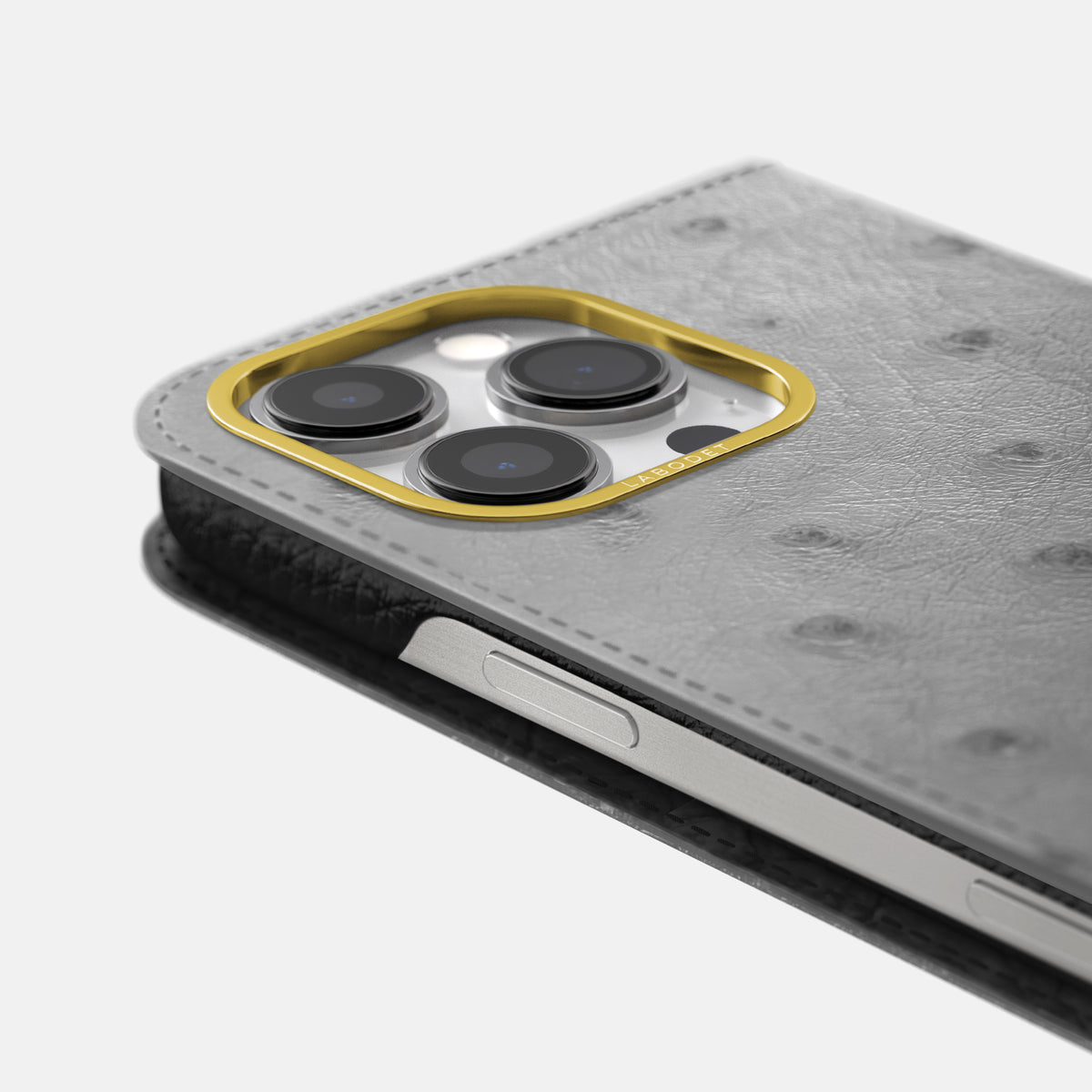 Silver iPhone 16 Pro Folio Case Ostrich with Gold Metal -5 | Silver-Gold
