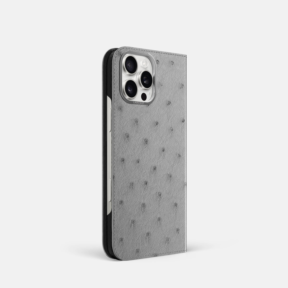 Silver iPhone 16 Pro Folio Case Ostrich with Steel Metal -1 | Silver-Steel